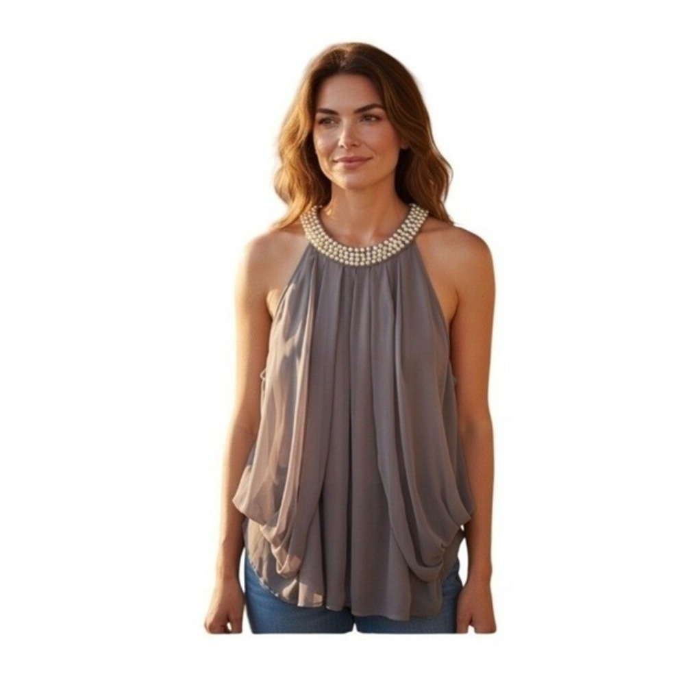 A Diva Pearl Embellished Pleated Layered Halter Top Gray Satin XL